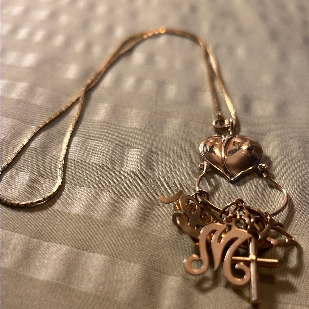 Gold-Tone Heart Pendant Necklace with Script and Cross Charms